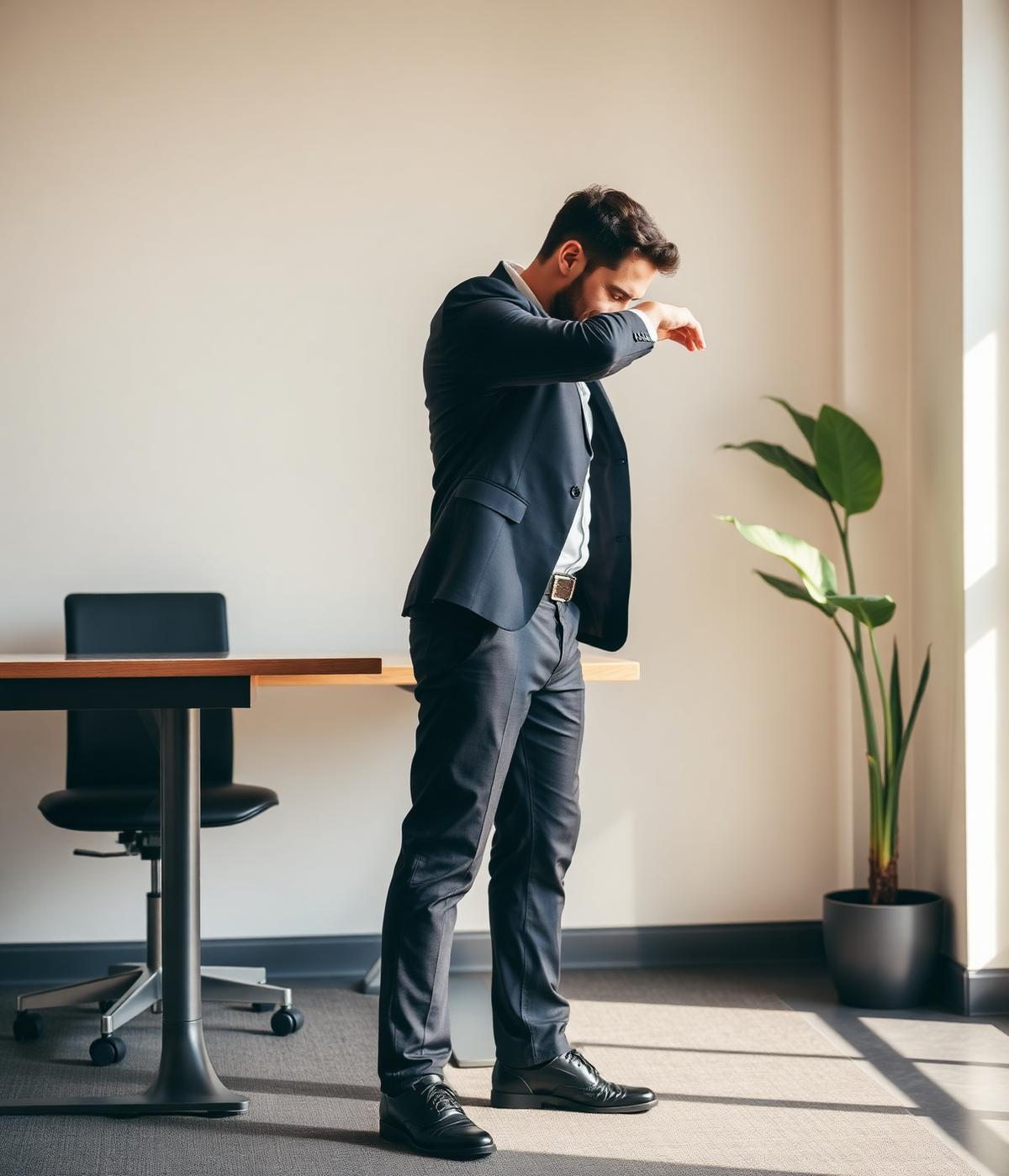 Professional doing a mobility stretch by a standing desk