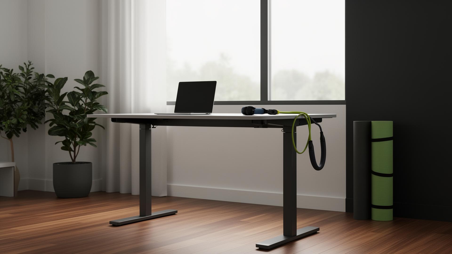 Modern minimalist workspace with standing desk, resistance band, and yoga mat